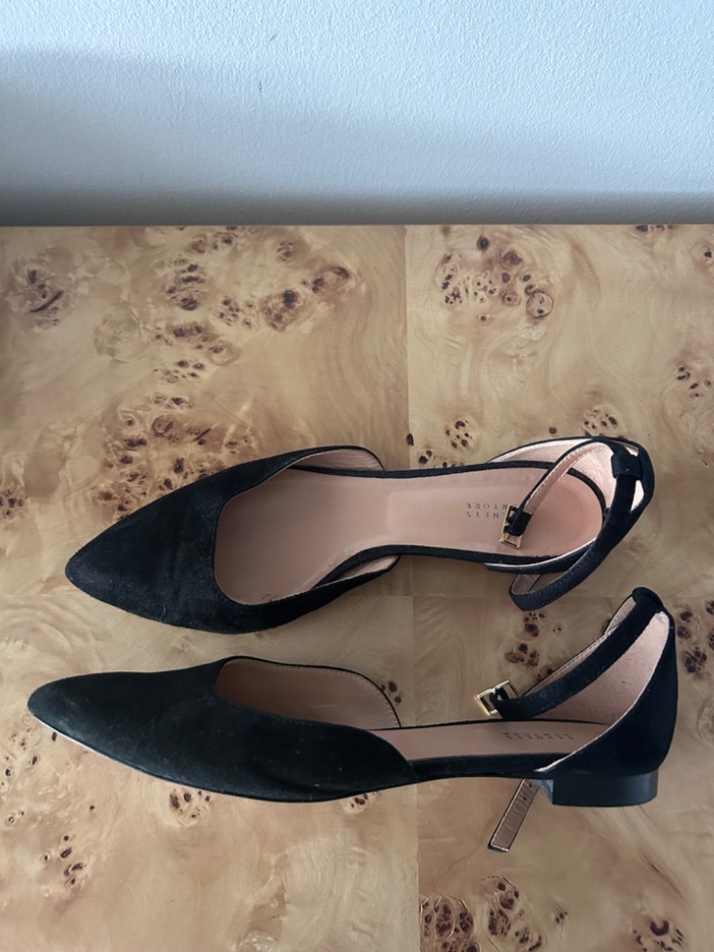 EXC Barneys New York Black Suede Pointed Toe Ankle Strap Flats 38 7.5